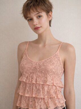 Lace Tiered Cami Tank Top - Peach